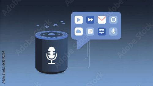 Smart home voice assistant device with app icons showcasing connectivity and digital services integration