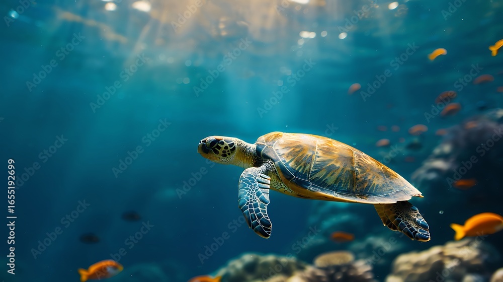 Obraz premium A majestic sea turtle gracefully swims through the sunlit ocean depths