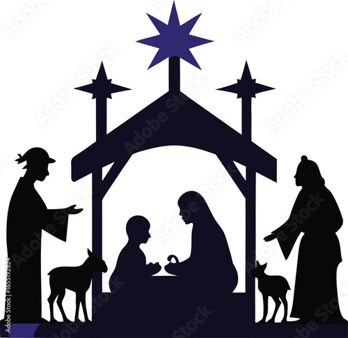 Silhouette of a traditional nativity scene with Mary Joseph Jesus and animals under a star