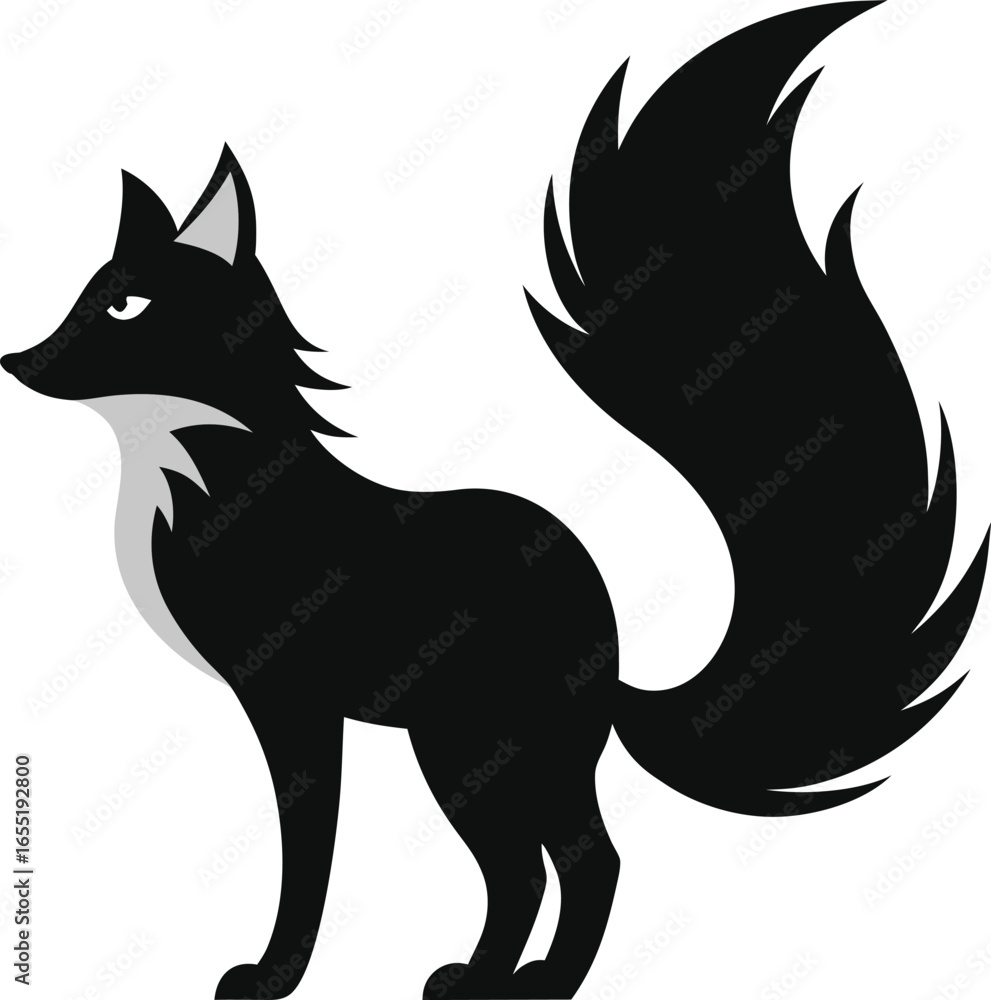 Fototapeta premium Black silhouette of a fox with a bushy tail and grey markings on white background vector