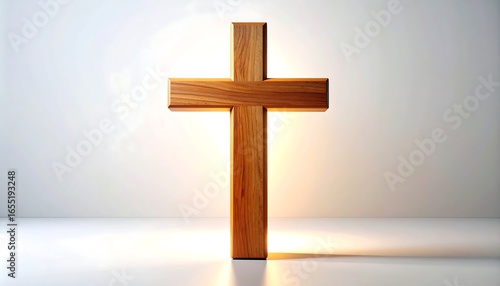 Illuminated wooden cross on a plain background
