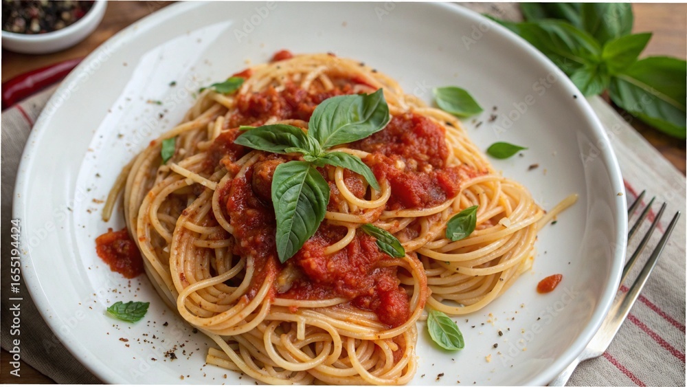 Overhead Shot of Spaghetti with Tomato Sauce and Basil Overhead Shot of Spaghetti with Tomato Sauce and Basil