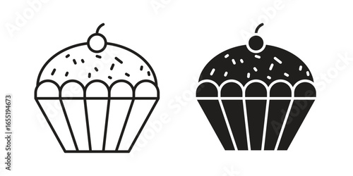 Cupcake Icons in Line and Solid Styles Isolated on White Background