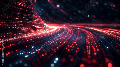 Dynamic light shapes on dark background, high-speed optical fiber concept with abstract 3d light streaks, futuristic and technology-inspired visual design.