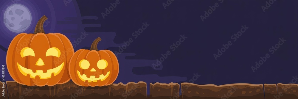 Naklejka premium Cartoon Vector Halloween Banner — Two Glowing Orange Jack-o'-Lantern Pumpkins Brown Ledge Full Moon, Dark Purple Night, Copy Space — Panoramic Landing-Page Hero Fall Promotion, Trick‑or‑Treat & Family