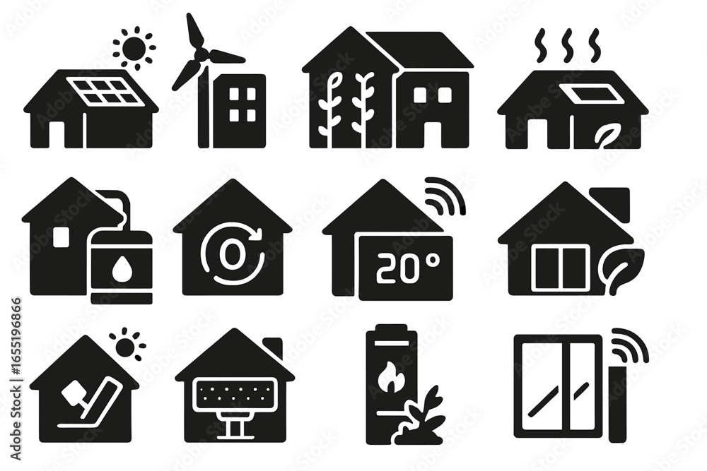 Fototapeta premium Sustainable Building Icons. Solid style icons of sustainable buildings: solar roof, wind-integrated tower, green walls, passive