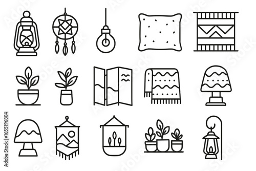 Glamping Decor Icons. Line style icons of glamping decor: vintage lantern, hanging dreamcatcher, cozy throw pillow, decorative rug