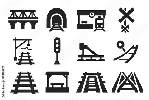 Train Infrastructure Icons. Solid style icons of train infrastructure: railway bridge, train tunnel, train station, rail crossing,