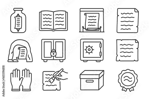 Bible Preservation Icons. Line style icons of Bible preservation: scroll in jar, ancient codex, museum display, script on