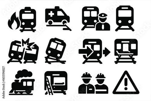 Train Emergency Icons. Solid style icons of trains in emergency: fire near track, ambulance near rail, police by train, train