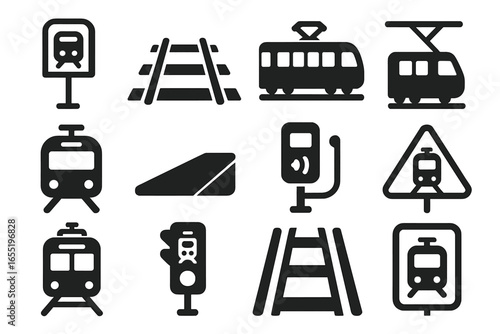 Light Rail Icons. Solid style icons of light rail systems: tram stop, street-level track, articulated tram, pantograph line, city