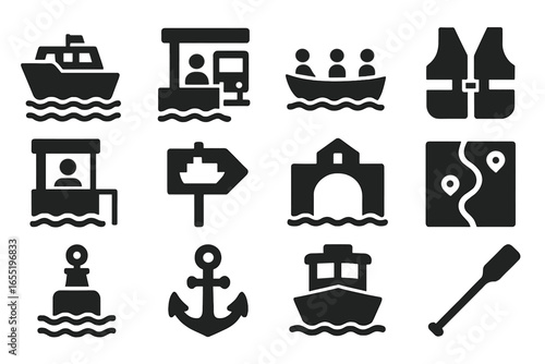 Ferry Icons Collection. Solid style icons of ferry and water buses: river ferry, water bus dock, boat with passengers, life vest
