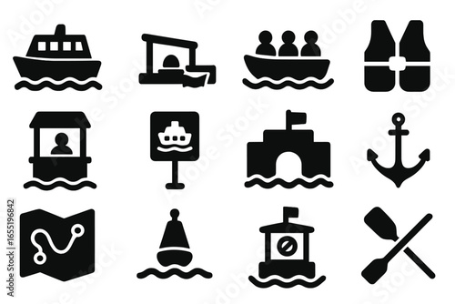 Ferry Icons Collection. Solid style icons of ferry and water buses: river ferry, water bus dock, boat with passengers, life vest