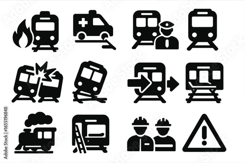 Train Emergency Icons. Solid style icons of trains in emergency: fire near track, ambulance near rail, police by train, train