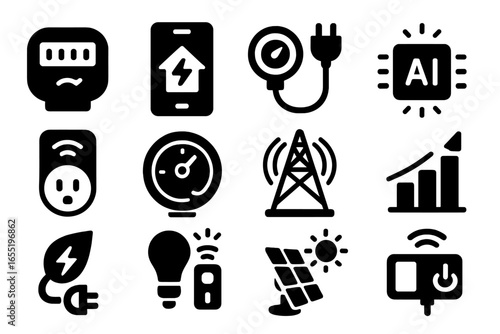 Smart Energy Icons. Solid style icons of smart energy systems: smart meter, home energy app, energy monitor, AI controller, IoT