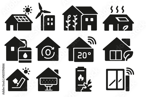 Sustainable Building Icons. Solid style icons of sustainable buildings: solar roof, wind-integrated tower, green walls, passive