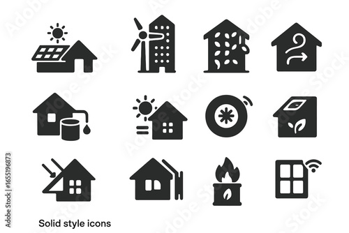 Sustainable Building Icons. Solid style icons of sustainable buildings: solar roof, wind-integrated tower, green walls, passive