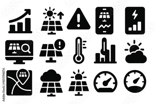 Solar Monitoring Icons. Solid style icons of solar monitoring and data: performance graph, energy production chart, system alert