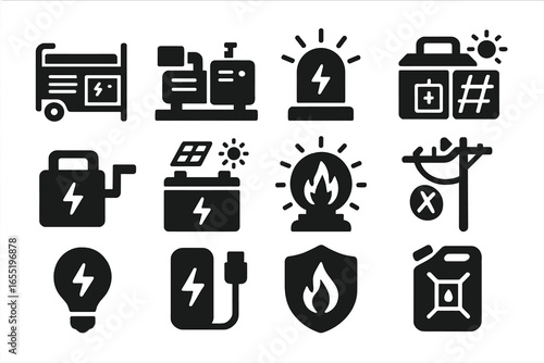 Emergency Energy Icons. Solid style icons of emergency energy: backup generator, diesel power unit, emergency light, solar