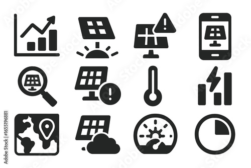 Solar Monitoring Icons. Solid style icons of solar monitoring and data: performance graph, energy production chart, system alert