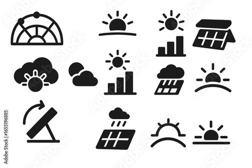 Seasonal Solar Icons. Solid style icons of seasonal solar behavior: sun path diagram, winter low sun icon, summer peak sunlight,