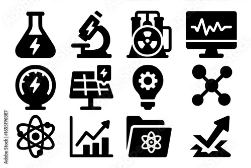 Energy Research Icons. Solid style icons of energy research: lab flask, energy microscope, experimental reactor, data monitor,