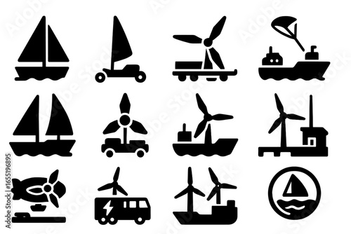 Wind-Powered Transport Icons. Solid style icons of wind-powered transportation: wind-powered boat, land sail vehicle, turbine on