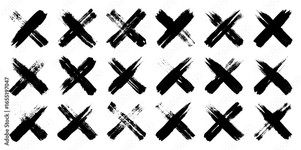 Obraz premium Grunge crosses, brush strokes, x mark, lines, ink smudges, hand-drawn scribble shapes. Handmade sketchy marks, acrylic stains, charcoal streaks. Paint textures, dry brush effect. Vector illustration