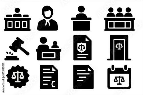 Courtroom Symbols Icons. Solid style icons of courts and procedures: courtroom bench, trial judge icon, witness stand, jury box,