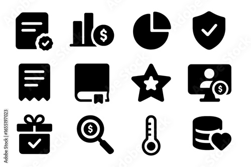 Donation Transparency Icons. Solid style icons of donation transparency: open document with seal, bar graph with coin, spending
