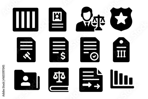 Criminal Law Icons. Solid style icons of criminal law: jail cell symbol, criminal charge file, defense attorney icon, prosecution