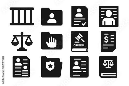 Criminal Law Icons. Solid style icons of criminal law: jail bars icon, felony case file, prosecution document, mugshot board,