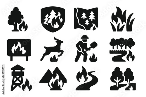 Wildfire Icon Set. Solid style icons of wildfire and forest fires: burning tree icon, wildfire spread badge, forest evacuation map