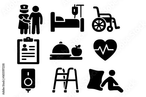Hospital Care Icons. Solid style icons of patient care and recovery: nurse assisting patient, bed with IV stand, wheelchair icon,