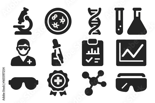 Medical Research Icons. Solid style icons of medical research and lab work: microscope icon, petri dish with bacteria, DNA strand,