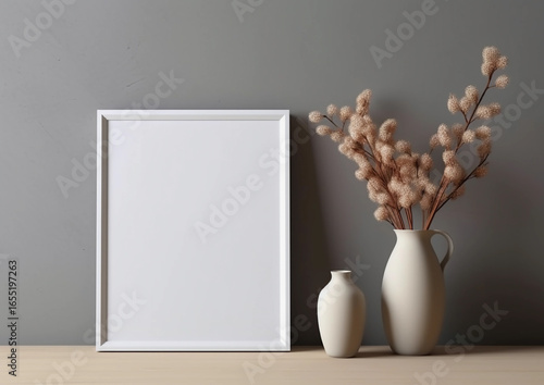 blank frame mockup with flowers on wooden table