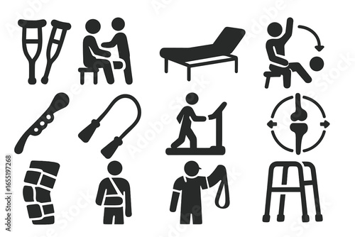 Rehabilitation Therapy Icons. Solid style icons of rehabilitation and physical therapy: crutches icon, physical therapist with