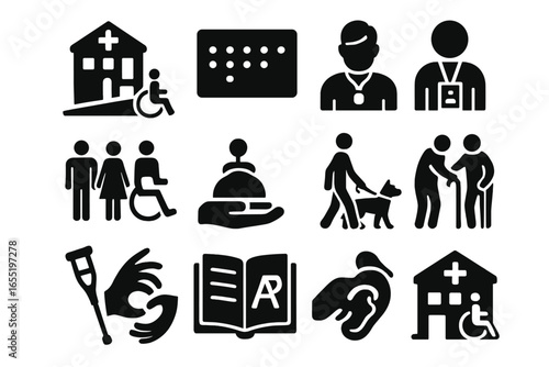 Hospital Accessibility Icons. Solid style icons of hospital accessibility and inclusion: ramp at hospital entrance, braille