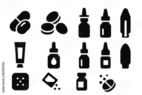 Medicine Icons Collection. Solid style icons of types of medicine: capsules icon, chewable tablets, soft gels symbol, nasal spray
