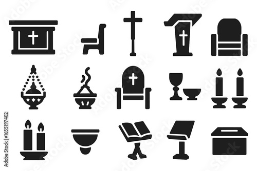Church Furnishings Icons. Solid style icons of church furnishings: wooden altar, kneeling bench, processional cross, church