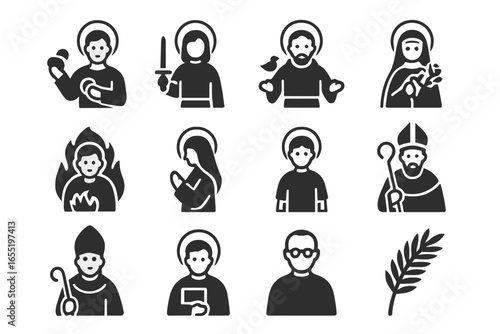 Icons of Christian Martyrs. Solid style icons of Christian martyrs and saints: Stephen with stones, Joan of Arc sword, St. Francis