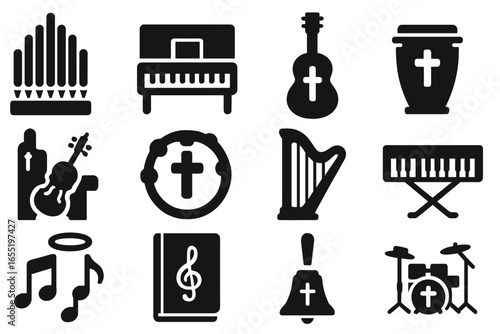 Church Instrument Icons. Solid style icons of church musical instruments: pipe organ, piano, guitar with cross, worship drum,