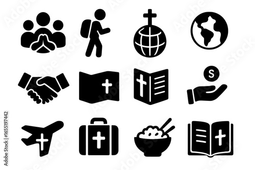 Missionary Support Icons. Solid style icons of church missionary support: sending prayer circle, missionary with backpack, globe