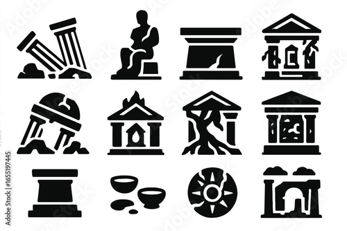 Abandoned Temple Icons. Solid style icons of destroyed or abandoned temples: fallen columns, broken deity statue, cracked altar,