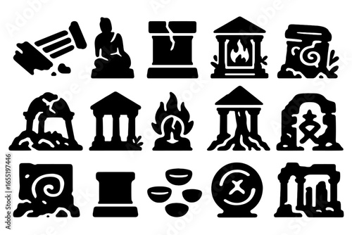 Abandoned Temple Icons. Solid style icons of destroyed or abandoned temples: fallen columns, broken deity statue, cracked altar,