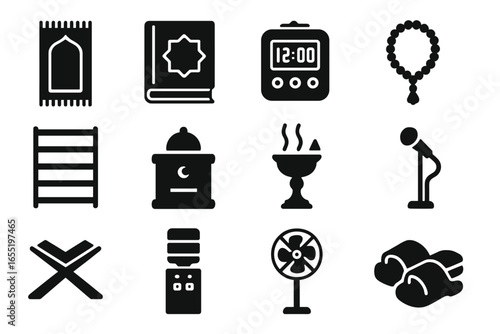 Mosque Icon Set. Solid style icons of mosque objects and items: prayer rug, Quran book, digital prayer clock, misbaha beads, shoe