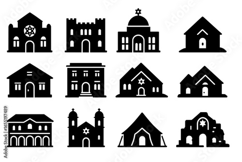 Diverse Synagogue Icons. Solid style icons of synagogue buildings and exteriors: traditional ashkenazi synagogue, Sephardic