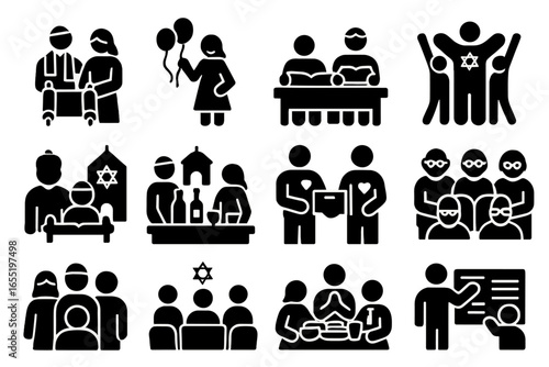 Synagogue Community Icons. Solid style icons of synagogue community life: bar mitzvah ceremony, bat mitzvah celebration, Torah