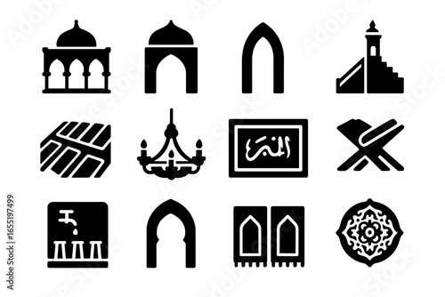 Mosque Interior Elements. Solid style icons of mosque interior elements: prayer hall, qibla wall, mihrab niche, minbar pulpit,