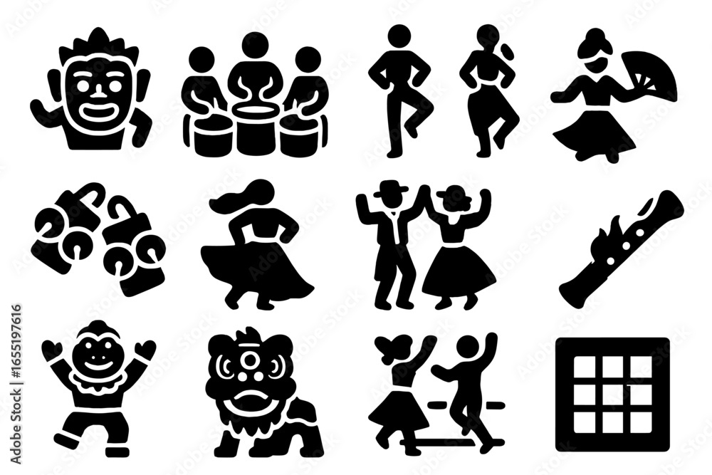 Fototapeta premium Cultural Dance Icons. Solid style icons of cultural dance and performance: masked dancer, drum circle, footstep pose, fan dancer,